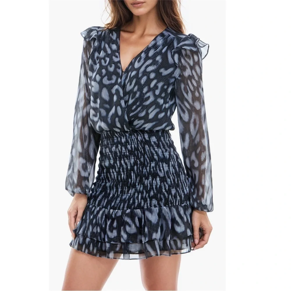 Socialite Metallic Chiffon Smock Waist Ruffle Hem Long Sleeve Mini Dress Sz XS